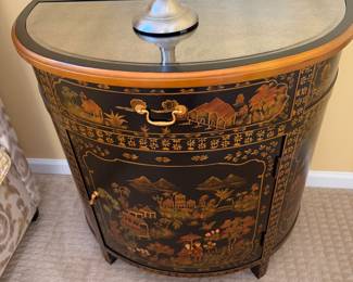 Two beautiful end tables that when  put together create a circle. 
Contemporary Chinoiserie Demilune console original cost $1200 each
Perfect nightstands in a high-end master bedroom. Perfect colors and beautiful condition.