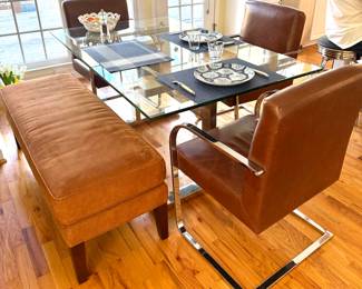 Glass table William Sonoma home… Beautiful leather chairs paid over $500 for each. Bench in a very with it color all in perfect shape.
