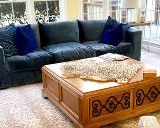 Beautiful blue velvet Tommy Hilfiger sofa in spotless shape. No pets no children.
Perfect coffee table, Drexel Heritage