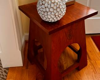  A Stickley Roycroft solid cherry wood tabouret or side table, featuring the Roycroft Orb symbol on one side. 
Original cost $1650