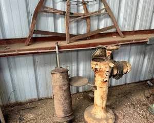 Antique Vulcan Heater, Cream Separator and Two Wooden Saw Frames