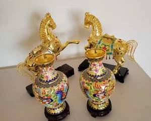 Authentic Chinese Cloisonné Enamel Dragon Vases and Gold-Toned Horse Figurines Lot