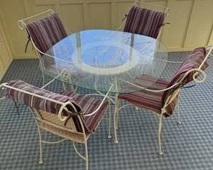 Vintage Wrought Iron and Glass Patio Dining Set with Cushions