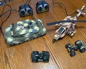 1980s Military Toy Lot - Tank, Helicopter, and ATV Quad Bikes