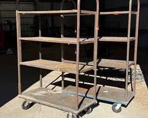 Two Vintage Industrial Metal Shelf Carts with Casters