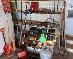 Assorted Hand and Garden Tools Lot with Propane Tank