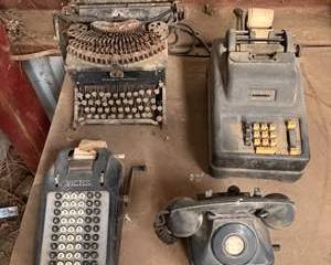 Antique Vintage Remington Typewriter, Victor Adding Machine, Rotary Phone, and Cash Register