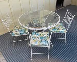 Vintage White Wrought Iron Patio Dining Set with Floral Cushions