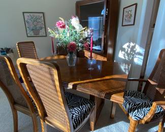 Pecan dining table and six chairs-two Captain’s chairs and four side chairs