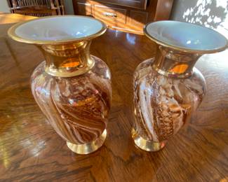 Mid-Century Modern Murano glass swirling brown, white, and cream vases with gold trim 
