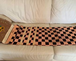 96” long x 15 3/8” wide, hand-made of a silky-touch fabric-probably rayon and cotton-with hundreds of hand-sewn sequins and a checked satin backing! 