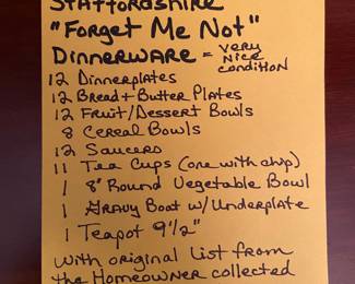 Vintage Myott of England Staffordshire “Forget Me Not” dinnerware, see list, sold as a set.  In very nice condition, some grazing