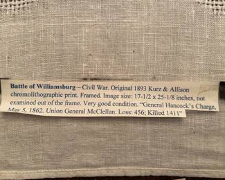 Battle of Williamsburg, Civil War,
May 5, 1862. Original 1893 Kurz & Allison chromolithographic print. 17 1/2” x 26 1/8”