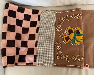 96” long x 15 3/8” wide, hand-made of a silky-touch fabric-probably rayon and cotton-with hundreds of hand-sewn sequins and a checked satin backing! 