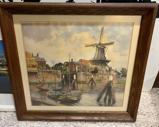 Vintage print, Dutch windmill scene.