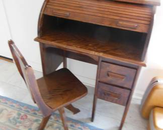 vintage childs chair and roll top desk
