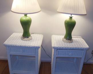 pair wicker end table and green lamps