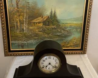  06 An Oil Print by R. Brant and a Vintage Mantel Clock