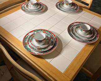 TILE TOP DINETTE TABLE WITH 4 CHAIRS, HOLIDAY DISHES