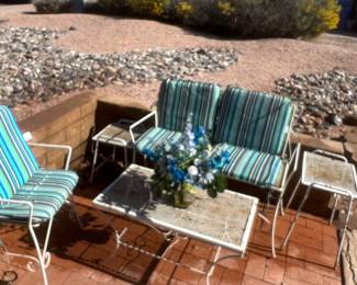 VINTAGE METAL LOVE SEAT, CHAIR, SIDE TABLE, COFFEE TABLE