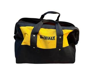 Dewalt Nylon Tool Bag with various tools Hammer, goggles, orange ruler, wire clippers, stud finder, monkey wrench, and cable supplies