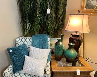 Occasional chair, pillows, vases, lamp, Ficus tree