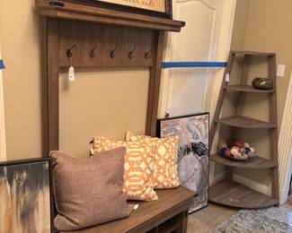 Arts & Crafts style Hall tree, pillows, shelf
