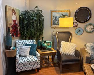 Turquoise/White Geometric print armchair, Faux Ficus tree, art, decor