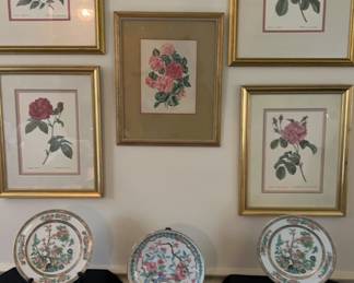SET OF 4 FRENCH ROSE PRINTS, WATERCOLOR CAMELLIAS PAINTING BY LILA MOORE KEEN, 2LENOX PLATES 