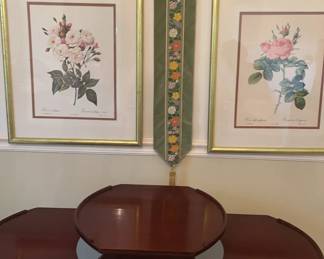 DUNCAN PHYFE 3 TIER PARLOR TABLE, PAIR OF REPRODUCTIONS OF FRAMED BOTANICAL PRINTS AND NEEDLEPOINT 