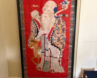  03 Large Framed Asian Silk Screen Textile Depicting Shou Longevity Deity