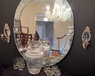 Venetian Style Etched Oval Wall Mirror, Vintage Style Mirrored Wall Sconce, Set Of 4 MCM Roll Poly G