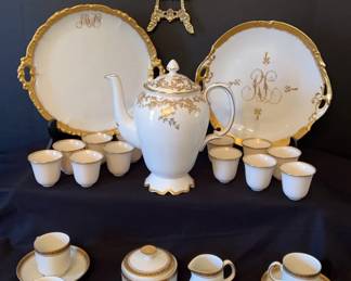 LIMOGE SERVING PLATES,STAFFOSHIRE BONE CHINA COFFEE POT, 12 LENOX DEMITASSE CUP INSERTS AND PORCELAI
