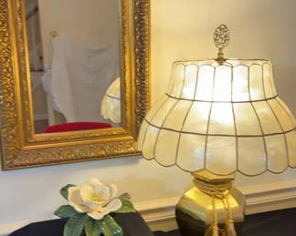 ORNATE GOLD FRAMED MIRROR, BRASS TONE GINGER LAMP WITH CAPIZ SHELL SHADE,MAGNOLIA FLOWER FIGURINE