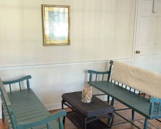 PAIR OF DEACON BENCHES, PRINT TITLED BLUE SHUTTERS, FULL SIZE COVERLET, WICKER SIDE TABLE AND GLASS