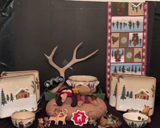 St Johns Square Dishes, Antlers From White tailed Deer,Two Moose Bowls, Bushel Binoculars , Table R