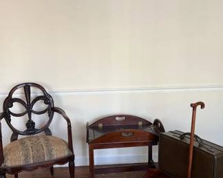 HENREDON CARVED ARMCHAIR, MAHOGANY BUTLERS TRAY TABLE, DERBY HSNDLE WALKING CANE, AERO PAK HARDSHEL