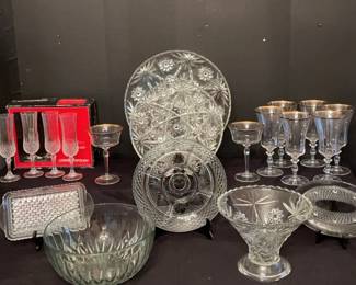 Coolection Of Anchor Hocking Pressed Glass , Set Of 6 And Set Of 2 Mikasa Jamestown Crystal, New Sea