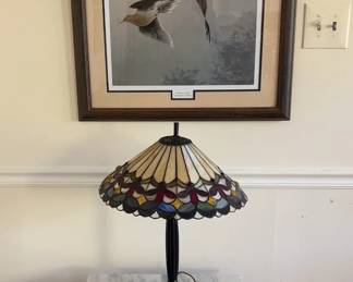 Vintage Mission Style Side Table With Marble Top, Tiffany Style Stained Glass Table Lamp And A Signe