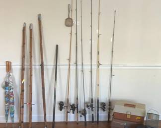 4 CANE POLES, 6 ROD AND REELS , 3 TACKLE BOXES ,FISHING ACCESSORIES AND 2 UMBRELLAS