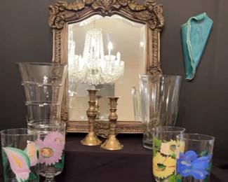 Gold Beveled Ornate Mirror, A LSA Vase, A Syndicate Sales Vase, Set Of 4 Royal Danube Stem Glasses A