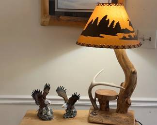Print Of Canadian Lynx , Natural Solid Wood Console Table , Handmade Rustic Table Lamp, And Pair Of 