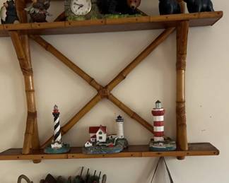 MCM Vintage Bamboo And Wood Wall Shelf 4 Black Bear Figurines And Black Bear Clock, Collection Of L