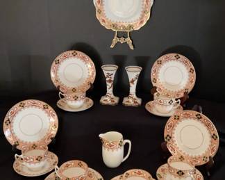SIX 3 PIECE IMARI STYLE DESSERT SET, PAIR OF SMALL VASES AND CREAMER