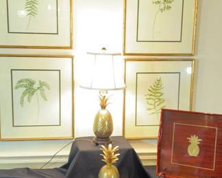 4 GOLD BAMBOO FRAME WATERCOLORS OF FERNS BY AUDREY DILLARD , BRASS PINEAPPLE LAMP, BRASS PINEAPPLE 
