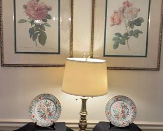 2 PRINTS ISSUED BY BOMBAY CO FROM THEIR ORIVATE COLLECTION, DOUBLE PULL TABLE LAMP, 2 CHINESE PORCEL