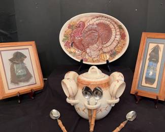 Turkey Platter, Tureen Set Feather Art 