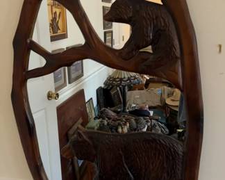 Handcarved Oval Black Bear Wood Mirror