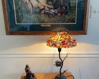 Signed Print Titled Photo Labs, Patinated Metal Sculpture Of Boy And Dog, Metal Tree Base Lamp With 