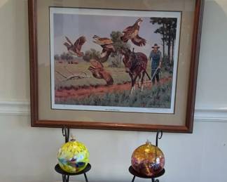 Vintage Mission Marble Top Side Table, Print Titled The Good Old Days Signed And Numbered, Tiffany 